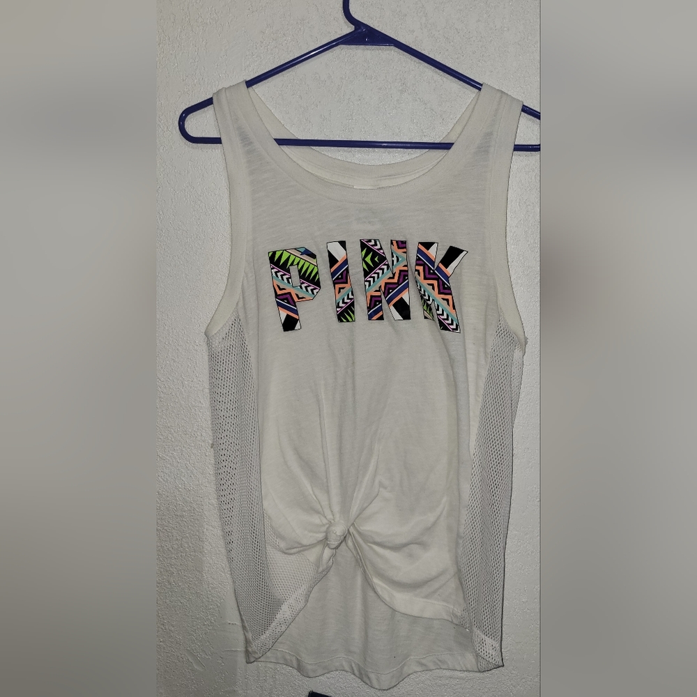 PINK White Tank Top Size Large 90s Design on Letters